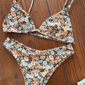 Floral Triangle Bikini Set in Black and Peach - Women's Swim